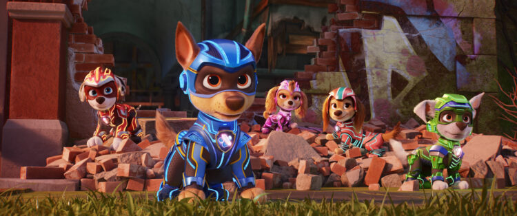 Christian Corrao as “Marshall", Christian Convery as “Chase", McKenna Grace as “Skye", Marsai Martin as “Liberty", and Callum Shoniker as “Rocky" in Paw Patrol: The Mighty Movie from Spin Master Entertainment, Nickelodeon Movies, and Paramount Pictures.